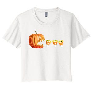 Funny Halloween Pumpkin Jack O Lantern Eating Candy Corn Women's Crop Top Tee