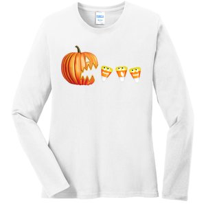 Funny Halloween Pumpkin Jack O Lantern Eating Candy Corn Ladies Long Sleeve Shirt