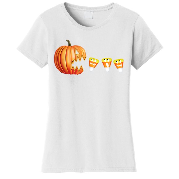 Funny Halloween Pumpkin Jack O Lantern Eating Candy Corn Women's T-Shirt