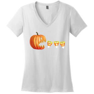 Funny Halloween Pumpkin Jack O Lantern Eating Candy Corn Women's V-Neck T-Shirt