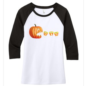 Funny Halloween Pumpkin Jack O Lantern Eating Candy Corn Women's Tri-Blend 3/4-Sleeve Raglan Shirt