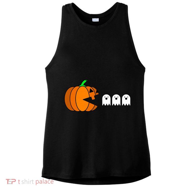 Funny Halloween Pumpkin Eating Ghost Gamer Ladies PosiCharge Tri-Blend Wicking Tank