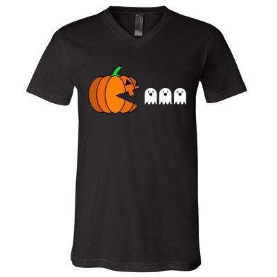 Funny Halloween Pumpkin Eating Ghost Gamer V-Neck T-Shirt