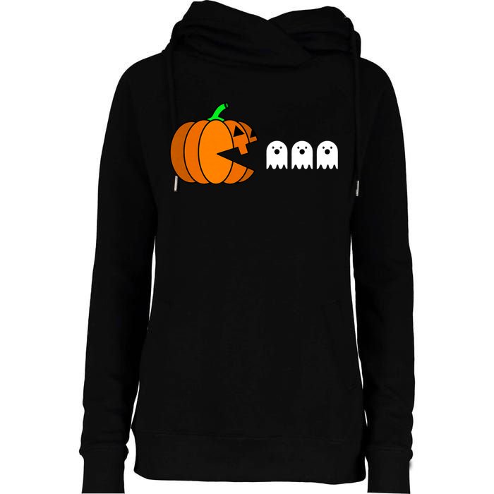 Funny Halloween Pumpkin Eating Ghost Gamer Womens Funnel Neck Pullover Hood