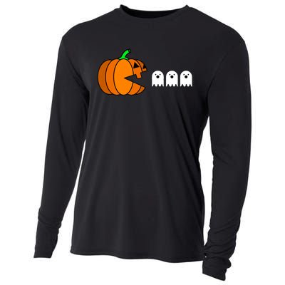 Funny Halloween Pumpkin Eating Ghost Gamer Cooling Performance Long Sleeve Crew