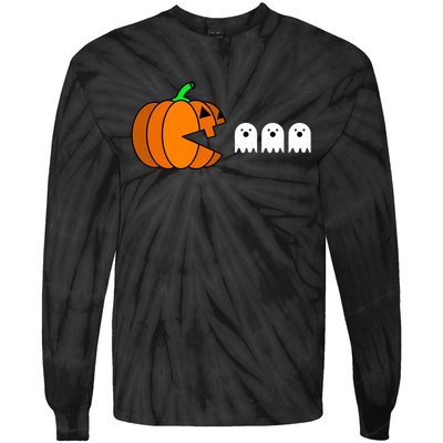 Funny Halloween Pumpkin Eating Ghost Gamer Tie-Dye Long Sleeve Shirt