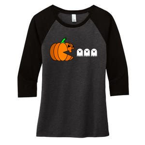 Funny Halloween Pumpkin Eating Ghost Gamer Women's Tri-Blend 3/4-Sleeve Raglan Shirt