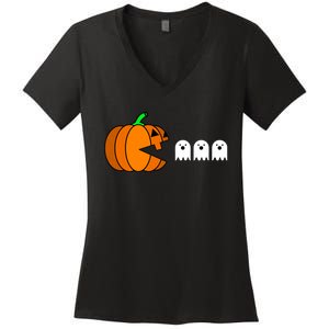 Funny Halloween Pumpkin Eating Ghost Gamer Women's V-Neck T-Shirt