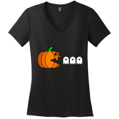 Funny Halloween Pumpkin Eating Ghost Gamer Women's V-Neck T-Shirt