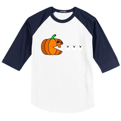 Funny Halloween Pumpkin Eating Ghost Gamer Baseball Sleeve Shirt