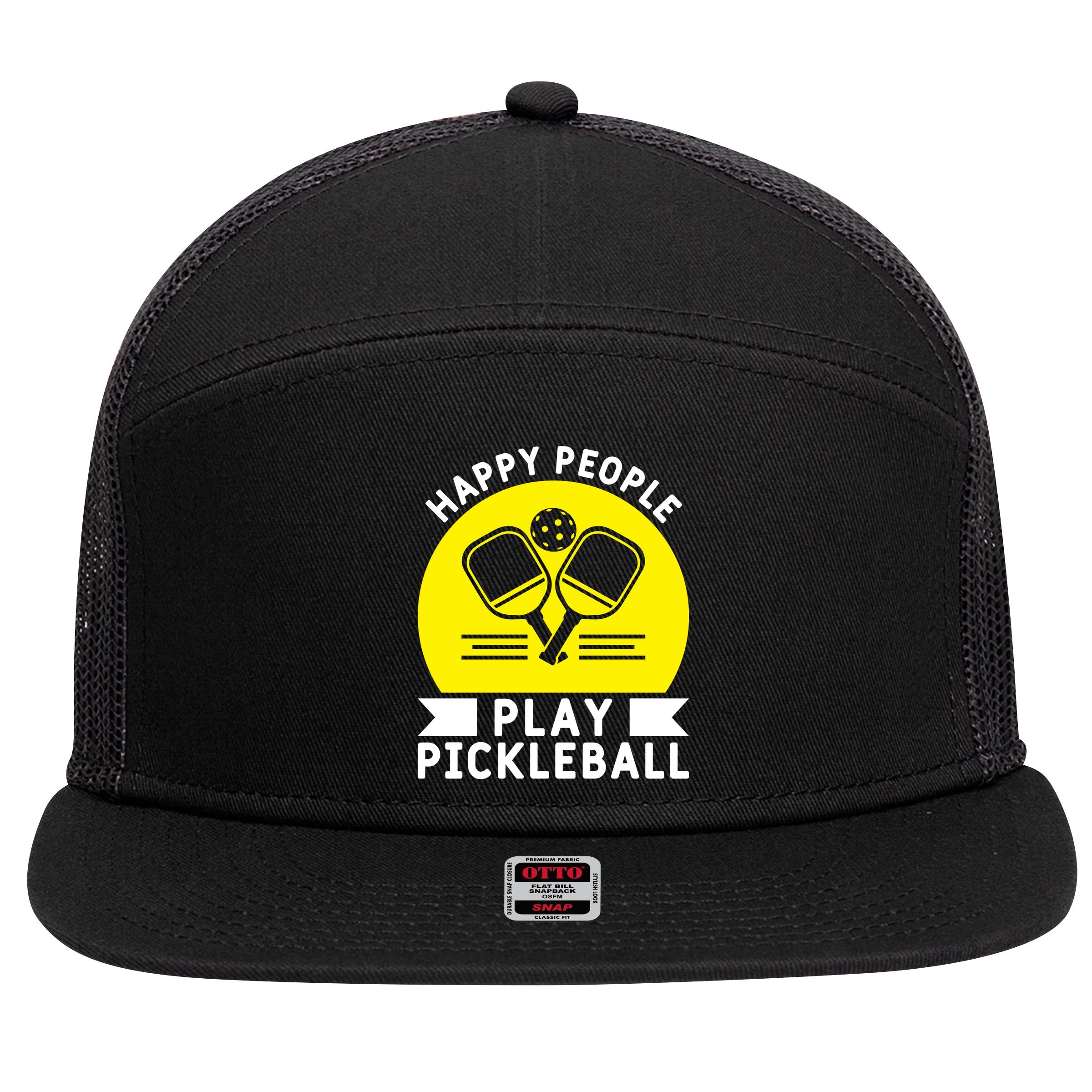Funny Happy People Play Pickleball Paddles Player Gift 7 Panel Mesh Trucker Snapback Hat