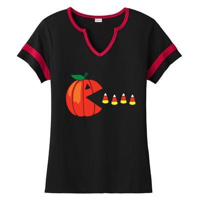 Funny Halloween Pumpkin Eating Candy Corn Ladies Halftime Notch Neck Tee