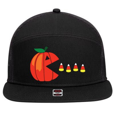 Funny Halloween Pumpkin Eating Candy Corn 7 Panel Mesh Trucker Snapback Hat