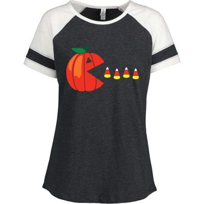 Funny Halloween Pumpkin Eating Candy Corn Enza Ladies Jersey Colorblock Tee