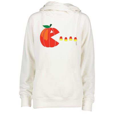 Funny Halloween Pumpkin Eating Candy Corn Womens Funnel Neck Pullover Hood