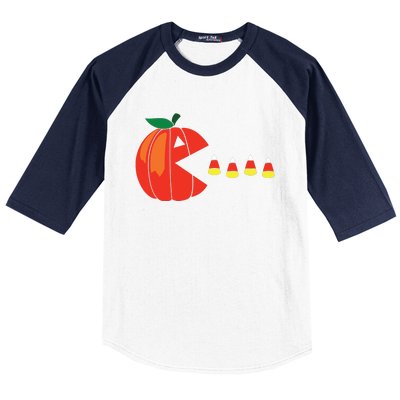 Funny Halloween Pumpkin Eating Candy Corn Baseball Sleeve Shirt