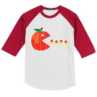 Funny Halloween Pumpkin Eating Candy Corn Kids Colorblock Raglan Jersey