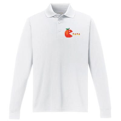 Funny Halloween Pumpkin Eating Candy Corn Performance Long Sleeve Polo