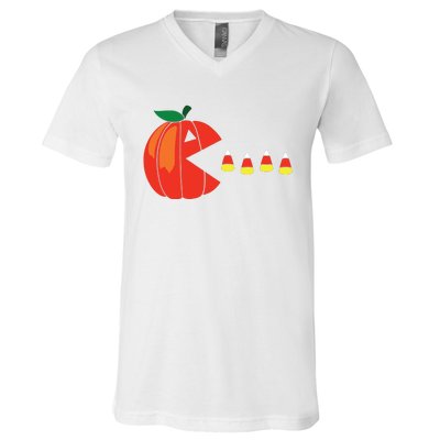 Funny Halloween Pumpkin Eating Candy Corn V-Neck T-Shirt