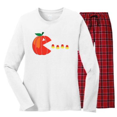 Funny Halloween Pumpkin Eating Candy Corn Women's Long Sleeve Flannel Pajama Set 