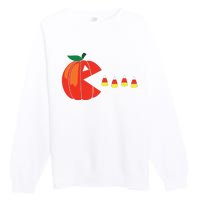 Funny Halloween Pumpkin Eating Candy Corn Premium Crewneck Sweatshirt