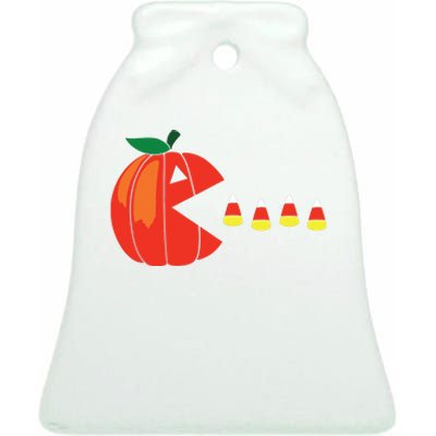 Funny Halloween Pumpkin Eating Candy Corn Ceramic Bell Ornament