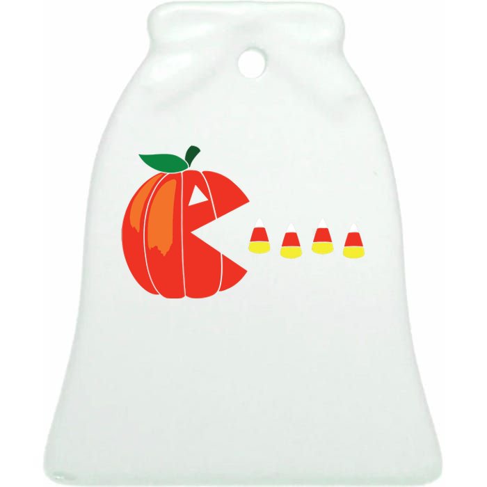 Funny Halloween Pumpkin Eating Candy Corn Ceramic Bell Ornament