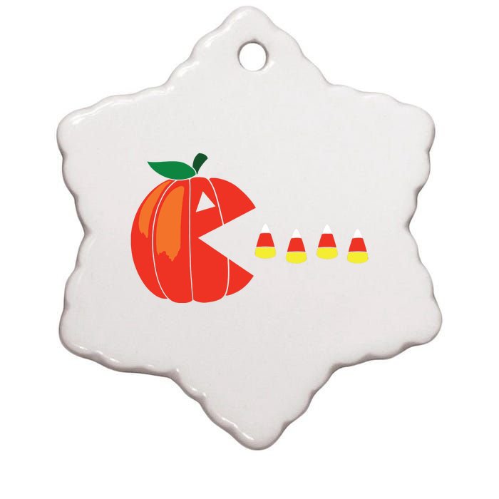 Funny Halloween Pumpkin Eating Candy Corn Ceramic Star Ornament