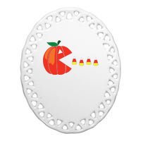 Funny Halloween Pumpkin Eating Candy Corn Ceramic Oval Ornament