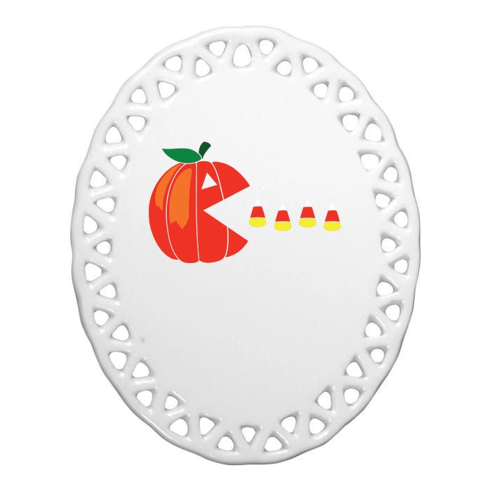 Funny Halloween Pumpkin Eating Candy Corn Ceramic Oval Ornament