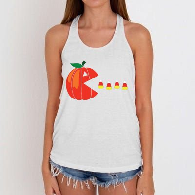 Funny Halloween Pumpkin Eating Candy Corn Women's Knotted Racerback Tank