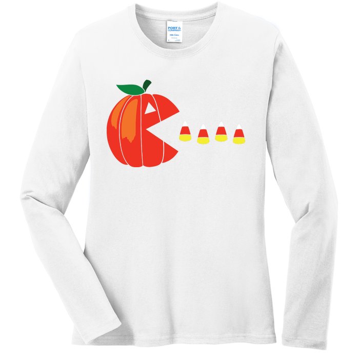 Funny Halloween Pumpkin Eating Candy Corn Ladies Long Sleeve Shirt