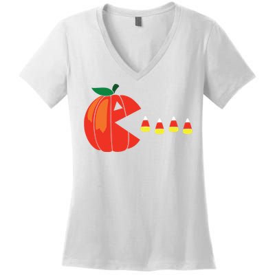 Funny Halloween Pumpkin Eating Candy Corn Women's V-Neck T-Shirt