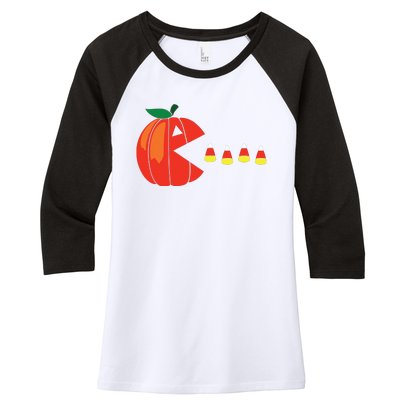 Funny Halloween Pumpkin Eating Candy Corn Women's Tri-Blend 3/4-Sleeve Raglan Shirt