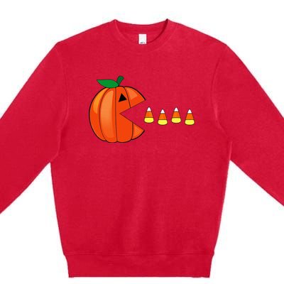 Funny Halloween Pumpkin Eating Candy Corn Premium Crewneck Sweatshirt