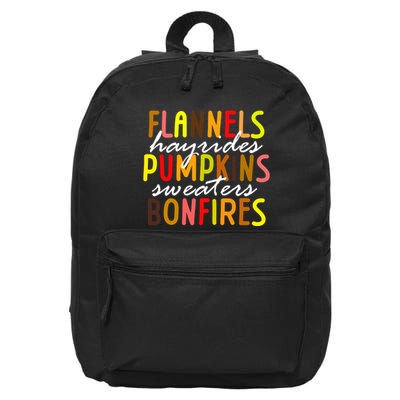 Flannels Hayrides Pumpkins Sweaters Bonfires 16 in Basic Backpack