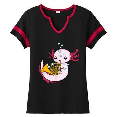 French Horn Player Kids Axolotl Big Band French Horn Ladies Halftime Notch Neck Tee