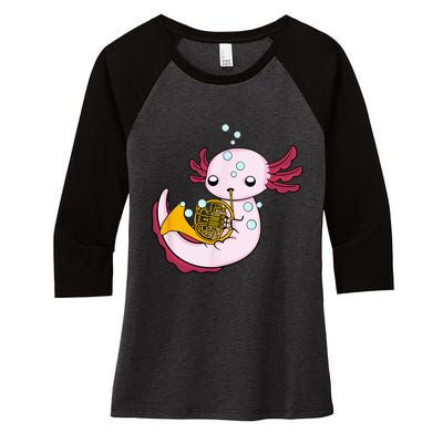 French Horn Player Kids Axolotl Big Band French Horn Women's Tri-Blend 3/4-Sleeve Raglan Shirt