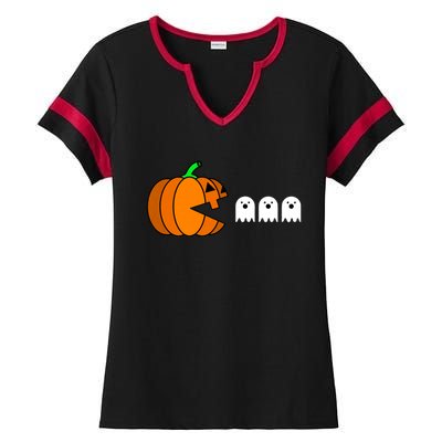 Funny Halloween Pumpkin Eating Ghost Gamer Ladies Halftime Notch Neck Tee