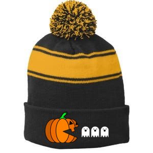 Funny Halloween Pumpkin Eating Ghost Gamer Stripe Pom Pom Beanie