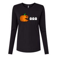 Funny Halloween Pumpkin Eating Ghost Gamer Womens Cotton Relaxed Long Sleeve T-Shirt