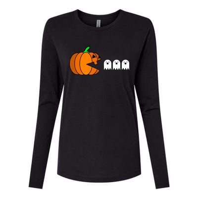 Funny Halloween Pumpkin Eating Ghost Gamer Womens Cotton Relaxed Long Sleeve T-Shirt