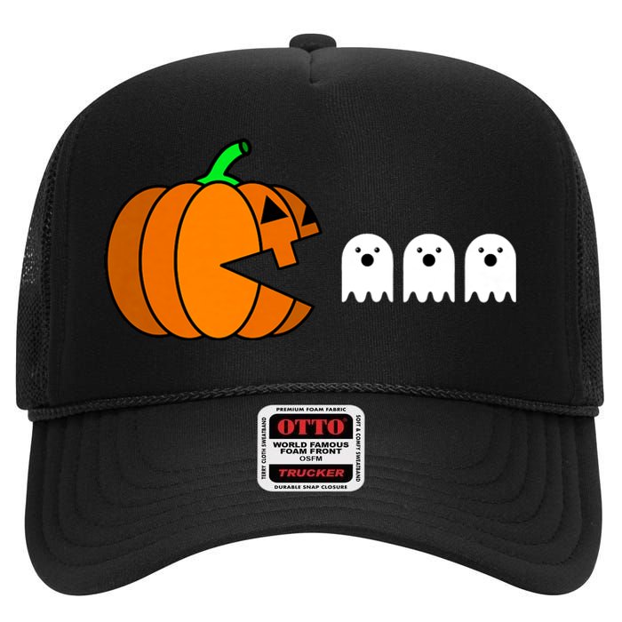 Funny Halloween Pumpkin Eating Ghost Gamer High Crown Mesh Back Trucker Hat