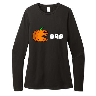 Funny Halloween Pumpkin Eating Ghost Gamer Womens CVC Long Sleeve Shirt