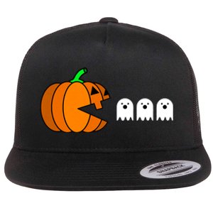 Funny Halloween Pumpkin Eating Ghost Gamer Flat Bill Trucker Hat