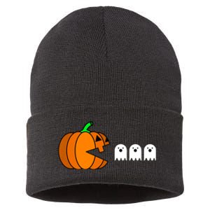 Funny Halloween Pumpkin Eating Ghost Gamer Sustainable Knit Beanie