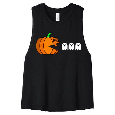 Funny Halloween Pumpkin Eating Ghost Gamer Women's Racerback Cropped Tank