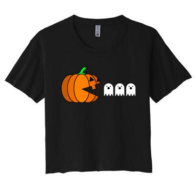 Funny Halloween Pumpkin Eating Ghost Gamer Women's Crop Top Tee