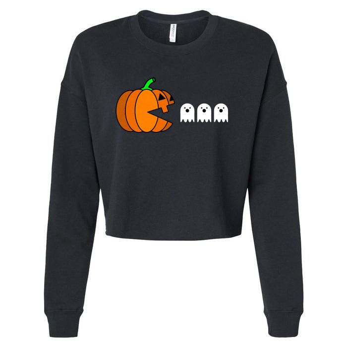 Funny Halloween Pumpkin Eating Ghost Gamer Cropped Pullover Crew