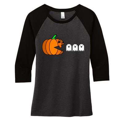 Funny Halloween Pumpkin Eating Ghost Gamer Women's Tri-Blend 3/4-Sleeve Raglan Shirt